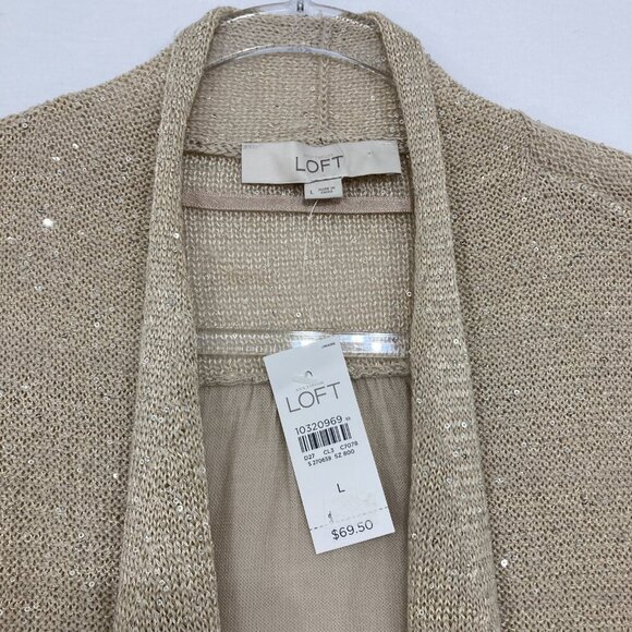 New Ann Taylor LOFT size Large Oatmeal Sequins Open Front Cardigan - Picture 4 of 11